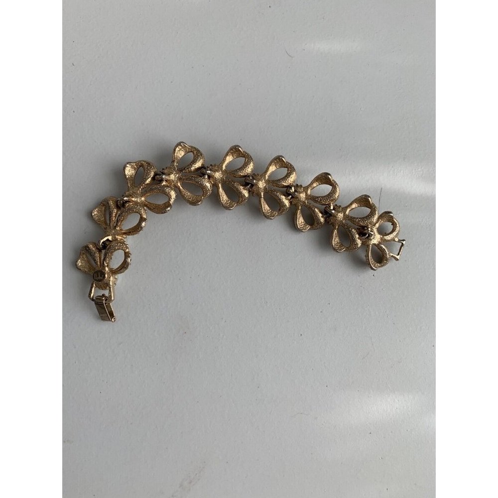 Vintage Hobe Gold Tone Faux Pearl Rhinestone Bows  7" Bracelet Clip Earring Set - Picture 8 of 12